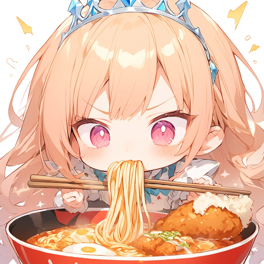 A with a princess tiara lurping ramen. Fried chicken is delicious.