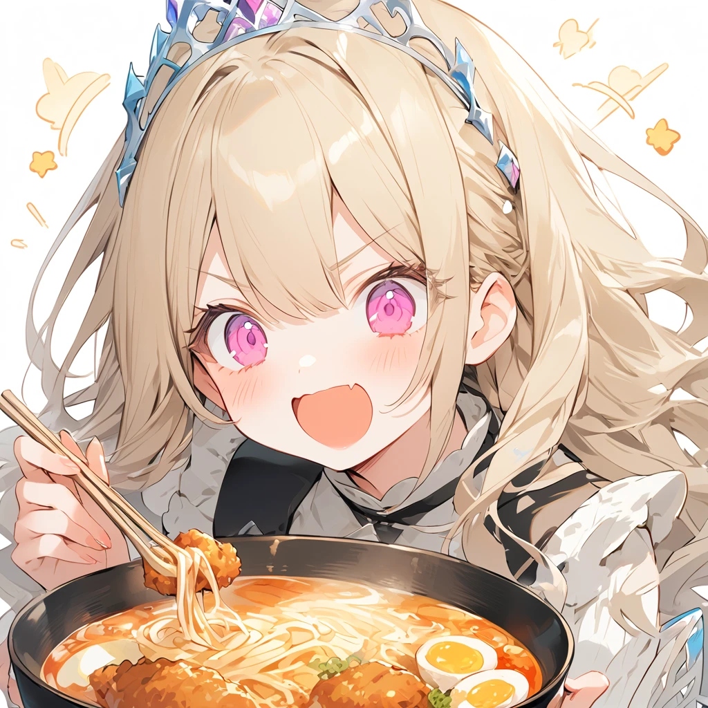 A with a princess tiara lurping ramen. Fried chicken is delicious.