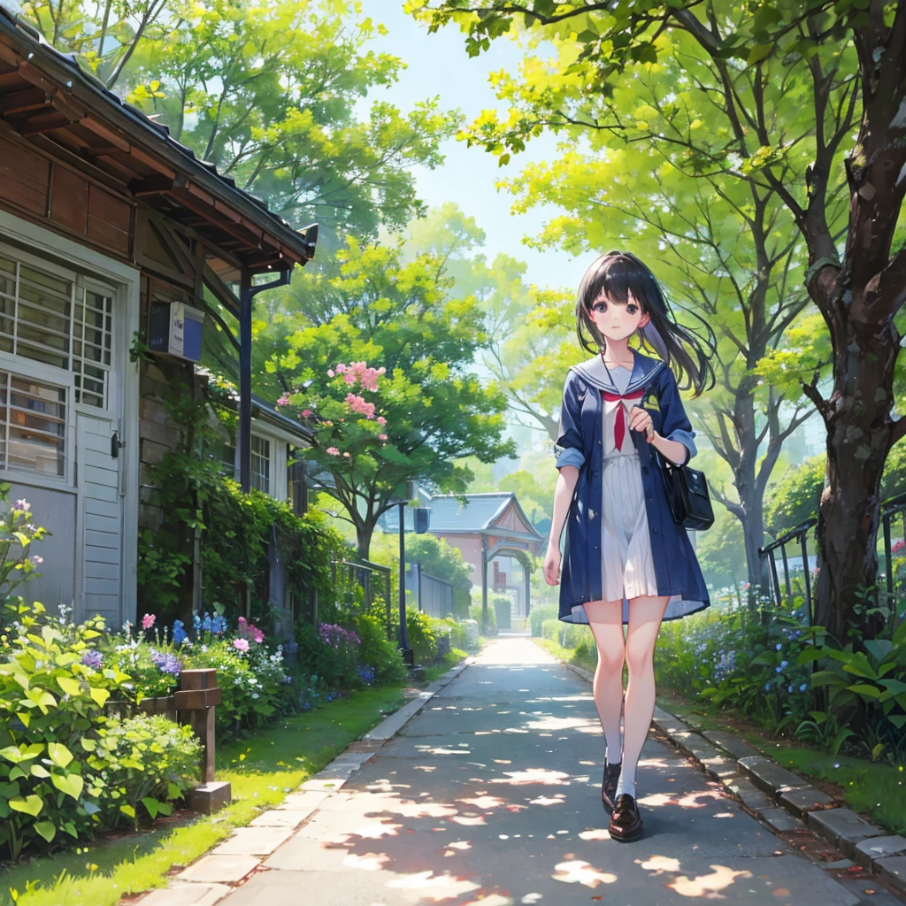 high resolution、university student、garden、stroll、One girl
