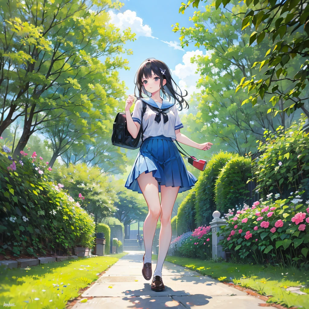 high resolution、university 、garden、stroll、One girl