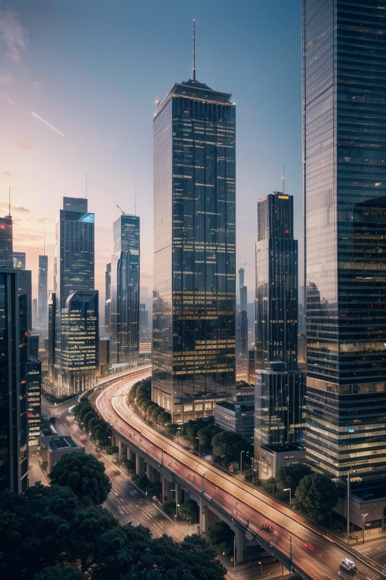 city buildings, skyscrapers, heavy traffic, asphalt road, (best quality, 8K, high resolution ,Artwork:1.2),ultra-detailed,(realistic,photorealistic,photo-realistic:1.37),Cinematic lighting,cinematic composition,vibrant colors,dramatic shadows,intricate details,architectural elements,cityscape,urban scene