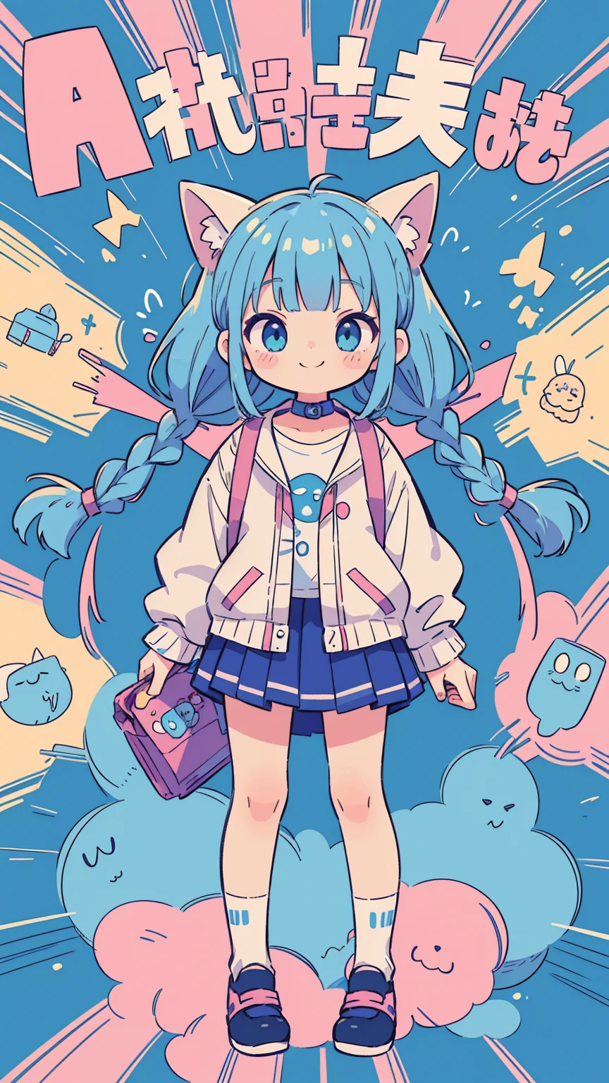 girl, , Change,(Incredibly ridiculous absolute solution: 1.5), best quality, masterpiece, Ultra-high resolution, 8K, (skirt,Small leather shoes), shojo Comic style, , soft line art, Digital enhancement, girl漫画风格, Girls comics core, (Shoulder-length hair)))), ( Short braids))), soft drawing, Beautiful blue hair, Clear eyes, ((Smile, blink)), Ultra-detailed digital animation art, The face is clearly depicted, Super detailed girl comic character art, Clear facial features, Comic style, Top quality colors, You can see the angle of the feet, twist, Pretty and beautiful: 1.5, high quality:1.3(Colorful graffiti background)
