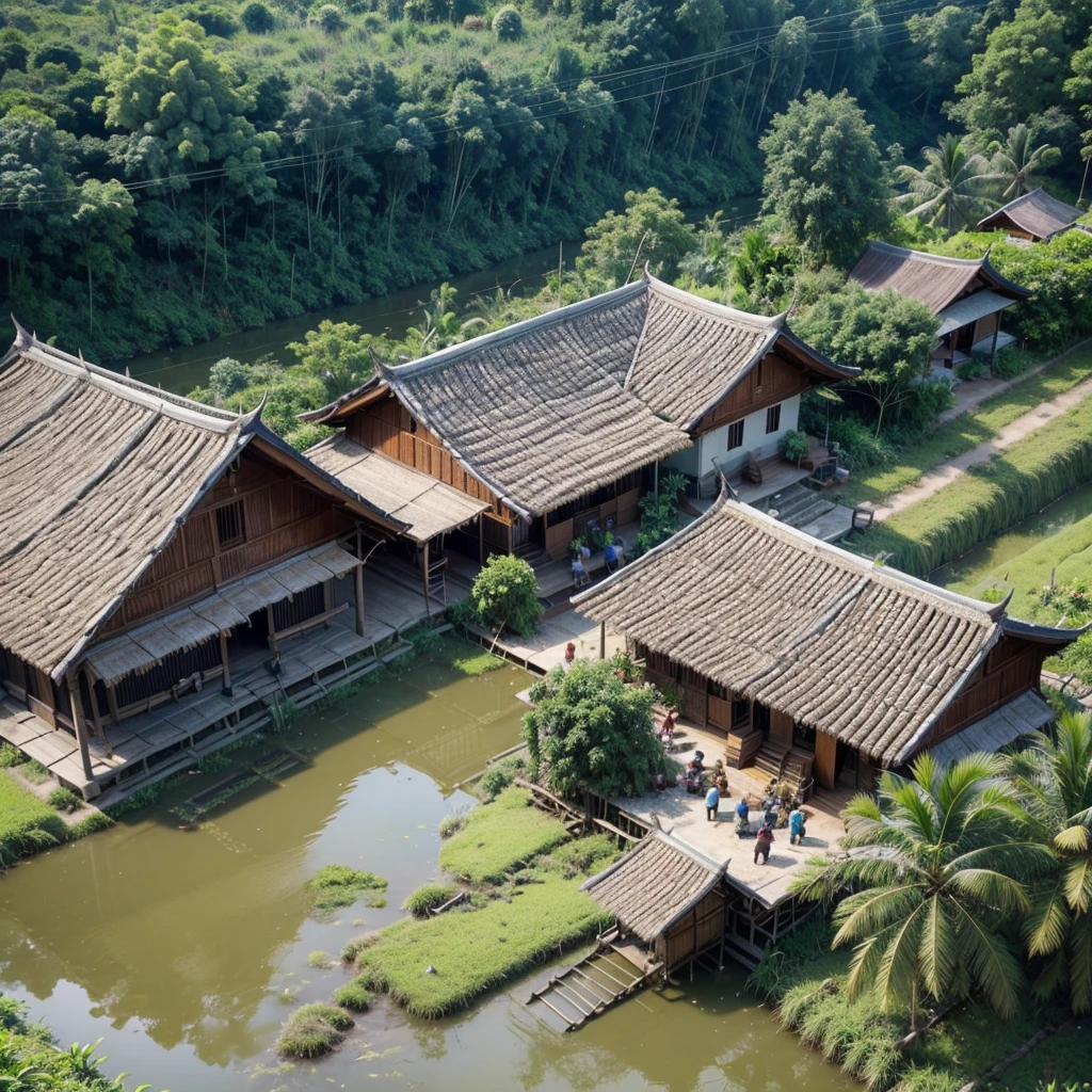 capture from above head, high angle shot. a typical malay villagers gathering around. an oldman put machete on trex neck, a lot of people watching. traditional malay house, paddy field, coconut tree, cow, goat ,chicken background.
