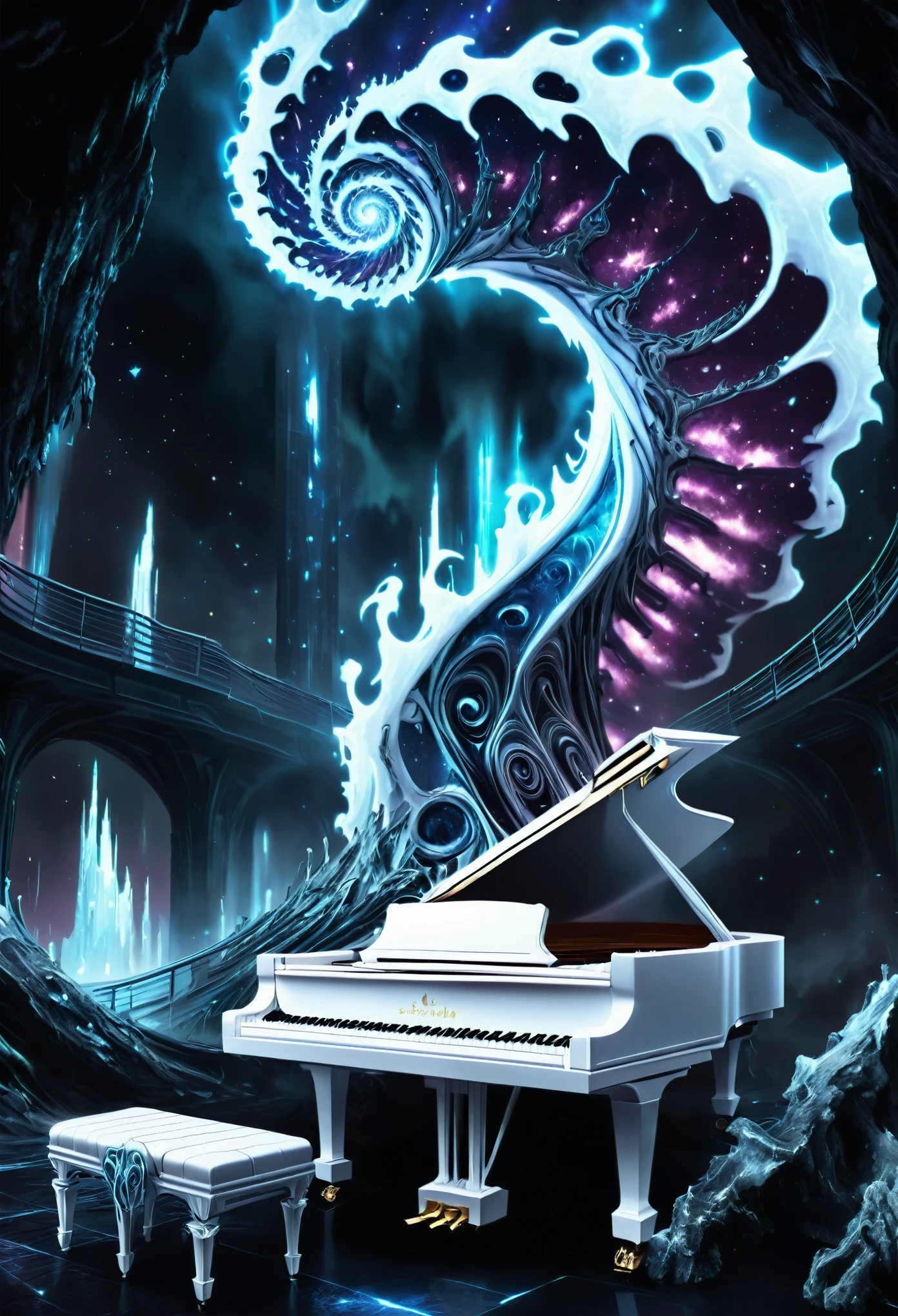 Fantasy art, galaxies, outer Space, nebulae, stars, [Cyberpunk] White Piano from the Galaxy (Ice Spiral :1.5),