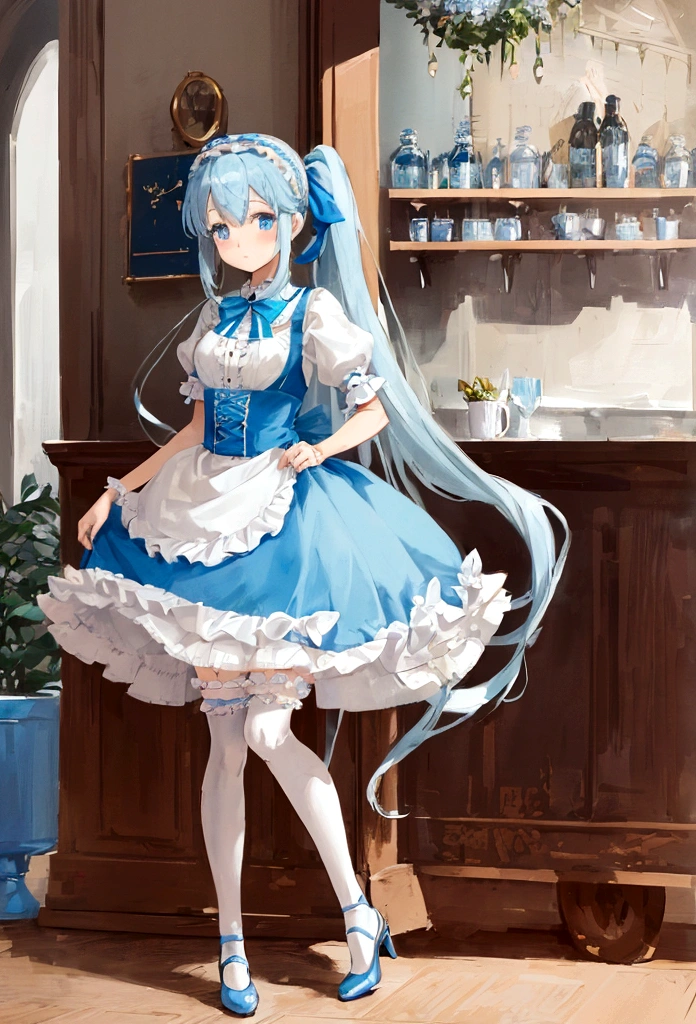 An illustration featuring a Lolita girl in an anime style is depicted with pastel blue and white attire. The character is characterized by long beige ponytails, a ruffled headband adorned with a blue ribbon, and white striped blue stockings paired with heels. The scene is set in a café shop.