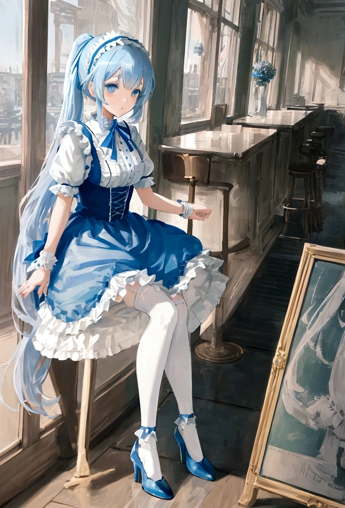 An illustration featuring a ta girl in an anime style is depicted with pastel blue and white attire. The character is characterized by long beige ponytails, a ruffled headband adorned with a blue ribbon, and white striped blue stockings paired with heels. The scene is set in a café shop.
