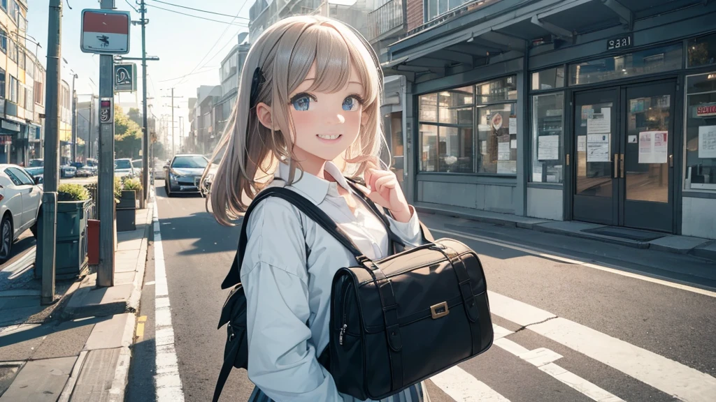 {{{A big smile}}}, 8k, {best quality}, {very aesthetic}, {ultra-detailed}, {best illustration}, Early morning commute to school, Refreshing atmosphere, High school girl on her way to school,