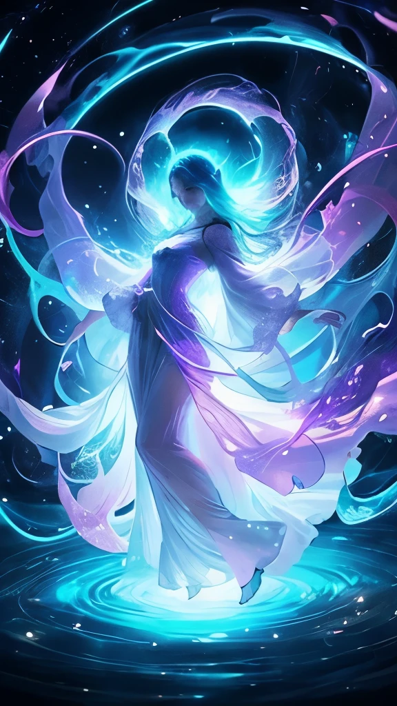a woman in a long dress is standing in a swirling vortex, astral ethereal, flowing magical robe, channeling swirling energy, astral appearance, wearing flowing robes, portal to the ethereal realm, ethereal and otherworldly, strange ethereal being, flowing robes, swirling magical energy, an interdimensional being, beautiful celestial mage, ethereal angelic being of light