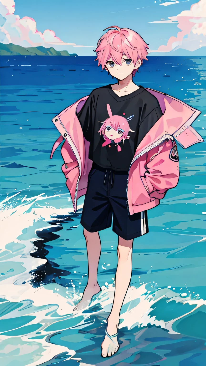 1 boy, pink hair, black eye, whole body, sea background