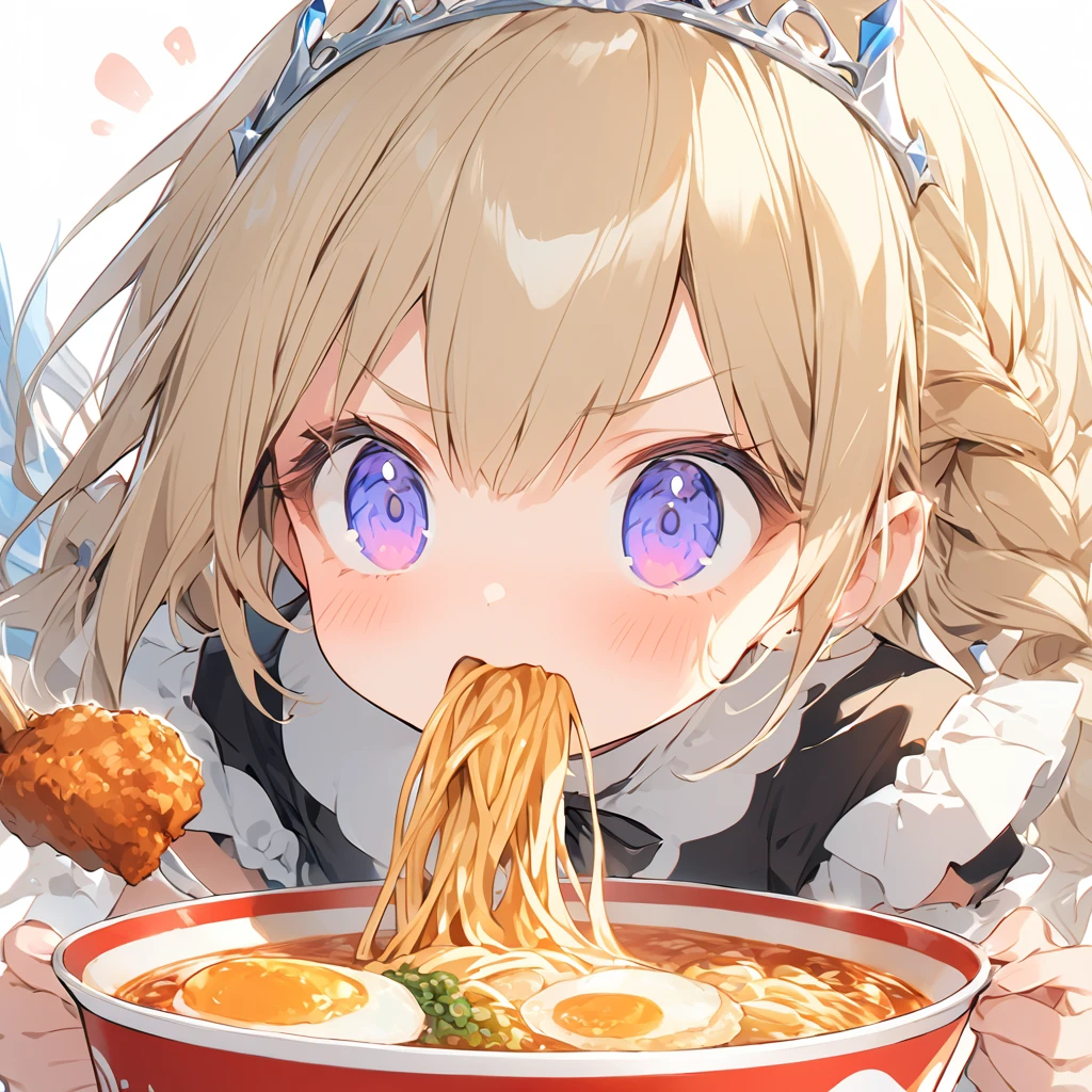 A with a princess tiara lurping ramen. Fried chicken is delicious.