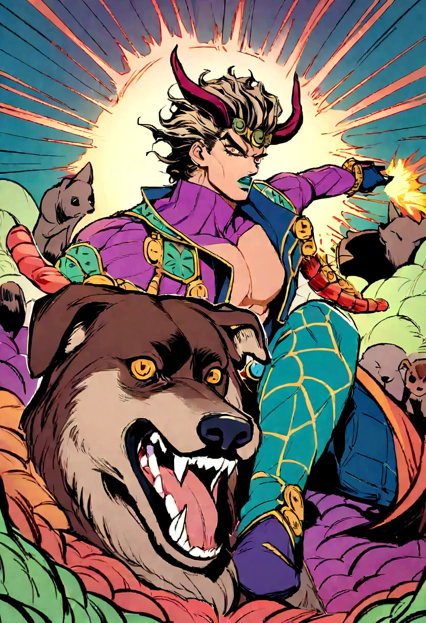 Create an illustration of a character in the style of JoJo's Bizarre Adventure. The character should have a striking, muscular physique with sharp, angular facial features and intense, expressive eyes. They wear a flamboyant, intricately designed outfit with bold patterns and vibrant colors, similar to the character in the reference image. The hair is styled dramatically, adding to the fierce and stylish appearance. The pose should be dynamic and confident, capturing the dramatic essence of JoJo's Bizarre Adventure. Include a surreal and vibrant background with dynamic lines and contrasting colors, emphasizing the intense and extraordinary atmosphere typical of the series. The overall scene should exude action, adventure, and the unique, iconic flair of JoJo's universe.In the midst of a fierce battle inside the demon's fortress, Momotaro and his companions bravely fight the demons. The dog, monkey, and pheasant use their unique abilities to help Momotaro, who wields a traditional sword. The scene is dynamic and intense, with demons being defeated.