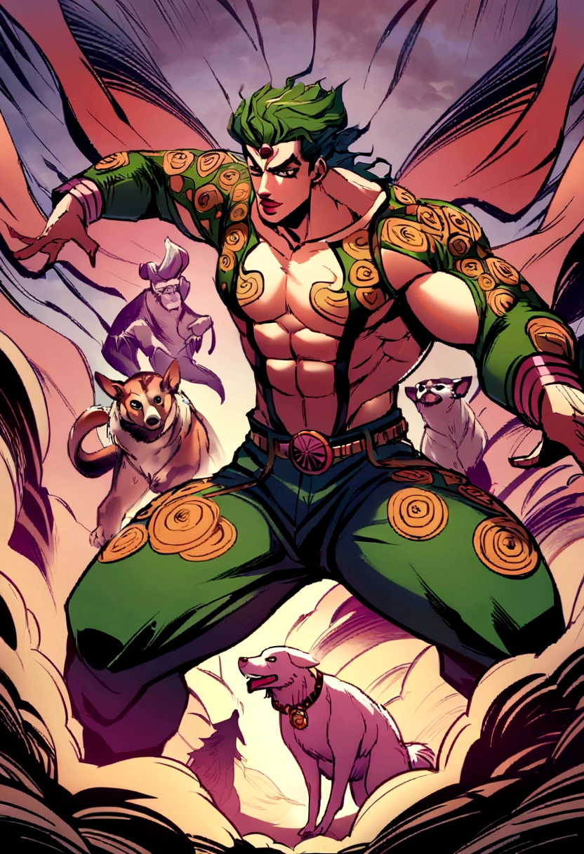 Create an illustration of a character in the style of JoJo's Bizarre Adventure. The character should have a striking, muscular physique with sharp, angular facial features and intense, expressive eyes. They wear a flamboyant, intricately designed outfit with bold patterns and vibrant colors, similar to the character in the reference image. The hair is styled dramatically, adding to the fierce and stylish appearance. The pose should be dynamic and confident, capturing the dramatic essence of JoJo's Bizarre Adventure. Include a surreal and vibrant background with dynamic lines and contrasting colors, emphasizing the intense and extraordinary atmosphere typical of the series. The overall scene should exude action, adventure, and the unique, iconic flair of JoJo's universe.In the midst of a fierce battle inside the demon's fortress, Momotaro and his companions bravely fight the demons. The dog, monkey, and pheasant use their unique abilities to help Momotaro, who wields a traditional sword. The scene is dynamic and intense, with demons being defeated.