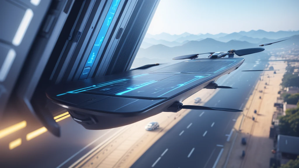 Please generate an illustration of drone delivery. The application should include an AI intelligent path planning background that helps plan the correct flight paths for the drones. The scene should be set above a realistic, sci-fi style city with a blue sky. There should be three quadcopter drones flying in the air, carrying packages ready for delivery to customers. The drones will pass through a smart city, primarily conveying technology, innovation, and AI intelligent path planning. No text i