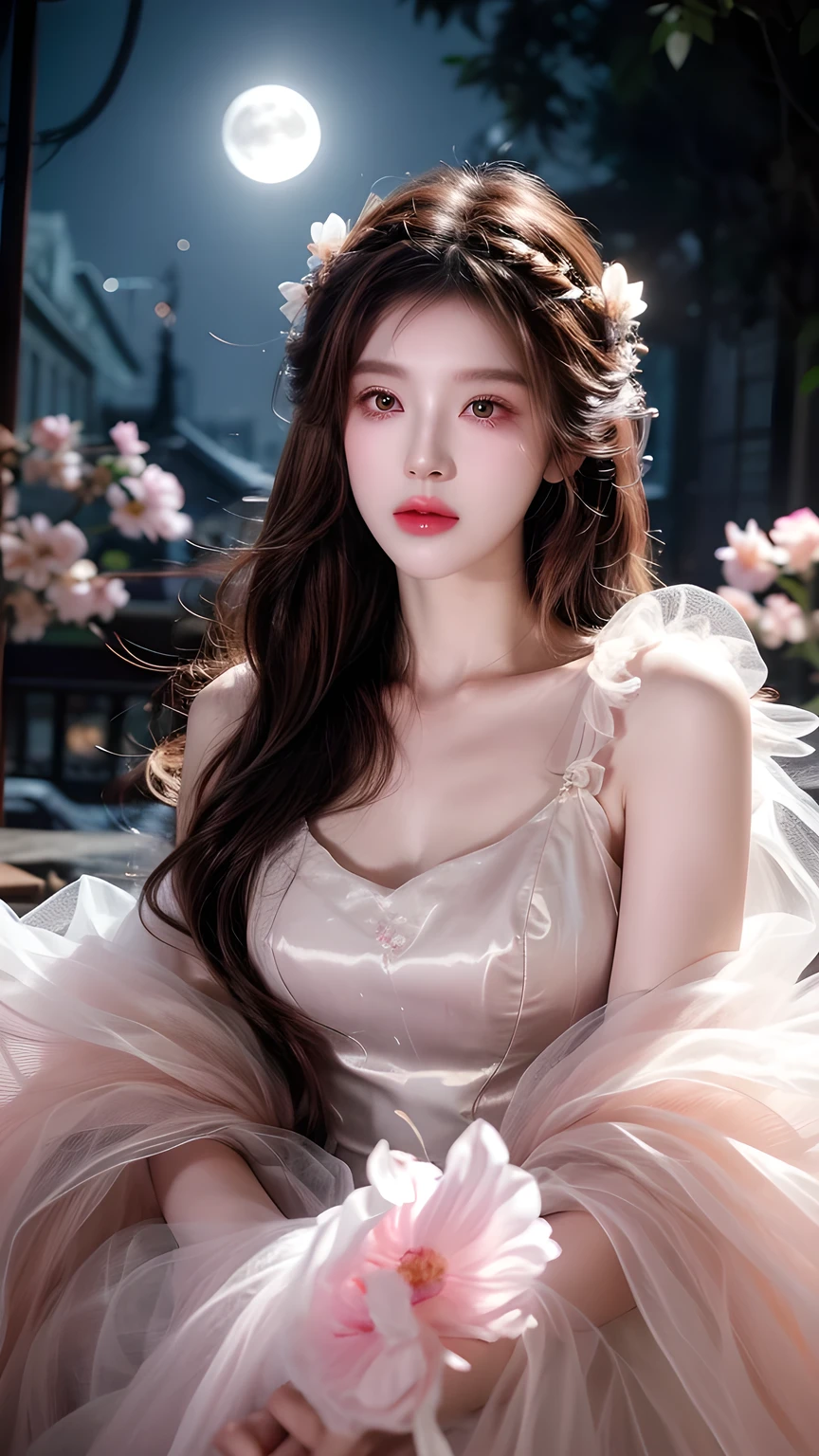 Long flowing brown hair,Fluorescent eyeshadow,Glowing pale eyes,Moon,Demon-free,Plush ears,moonlight,Flowing tulle,Best picture quality,Transparent flowers,Gradient petals,Flower hairpin,Noodles