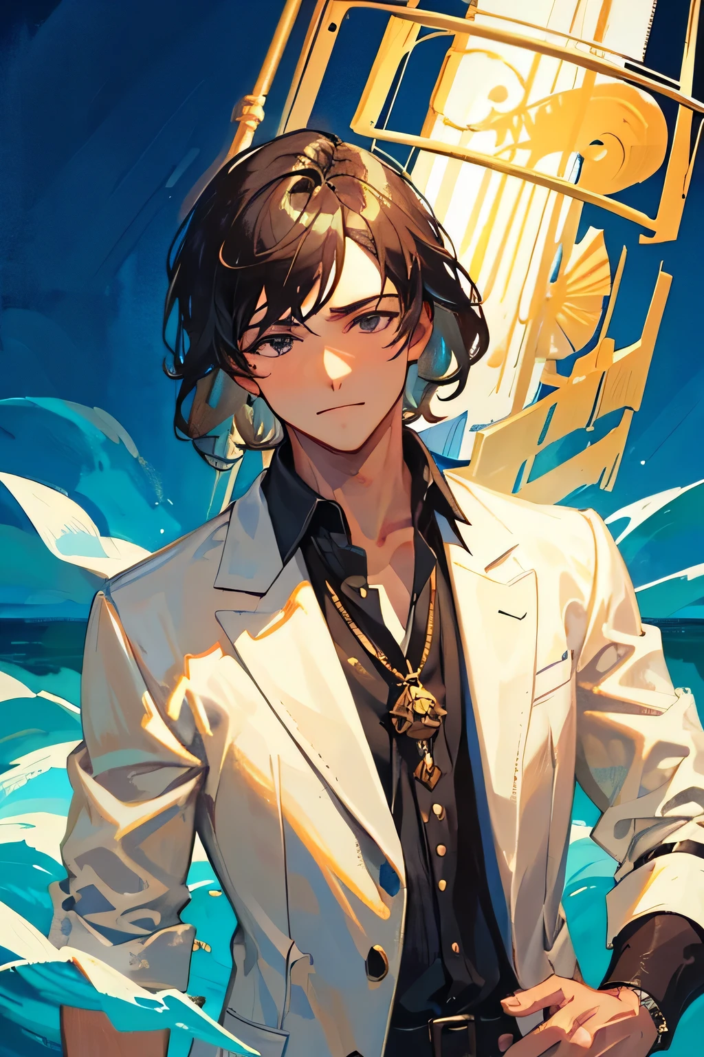{{masterpiece}}, {{best quality}}, {ultra-detailed}, ocean, night, a handsome man, man, solo, pirate, beautiful black hair, beautiful black eyes, {beautiful eyes}, light brown-skinned, short hair, triumphant look, smug look, self-satisfied look,{{{Angler}}},{{{fish}}}