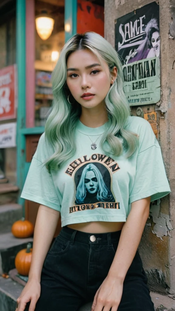Portrait MagMix Girl look at camera, long hair, grunge y2k with Grave walls, a classic halloween fountain counter, and vintage gringe posters, face lightning, analog film photo, unusual fashion choices, unusual hairstyles choices, pale skin, Korean girl, beautiful girl, (outfit: angel point Elle shrug in mint, angel pant mint, logo baby tee,