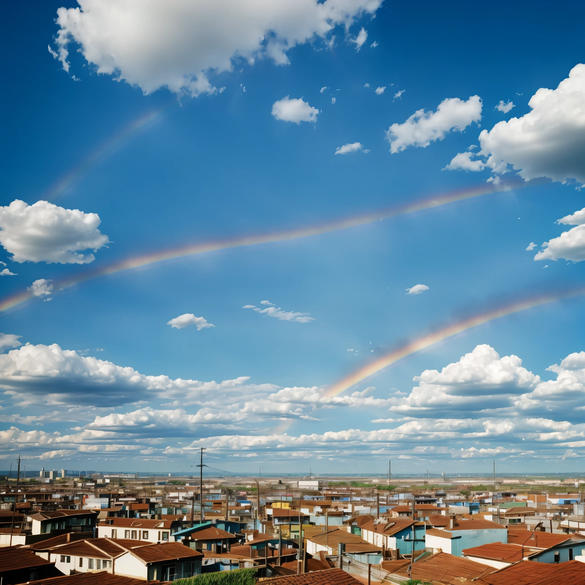 Retro photo, 60s style, clear blue sky with rare clouds, rainbow, some electric wires, city on horizon