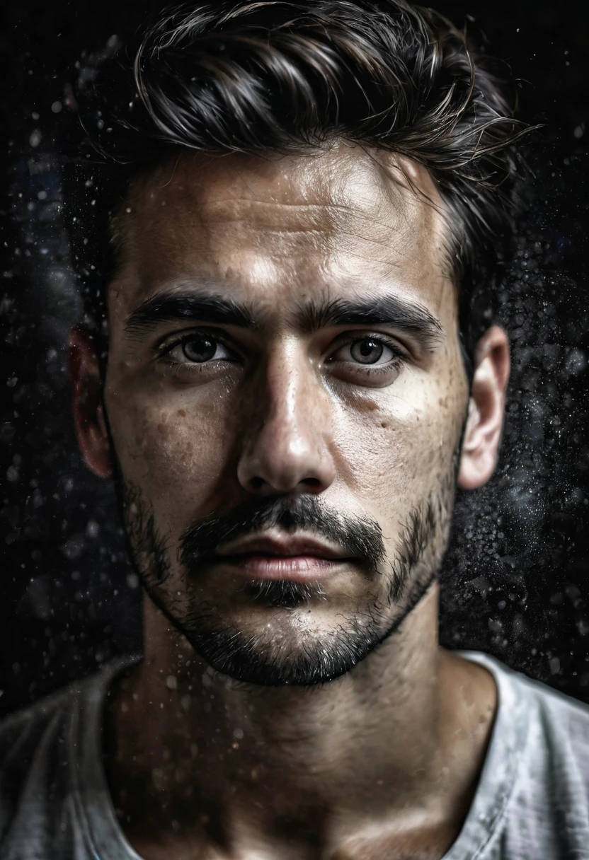 Retrato de Hombre blanco muy serio con fondo obscuro, imagen hiper realista