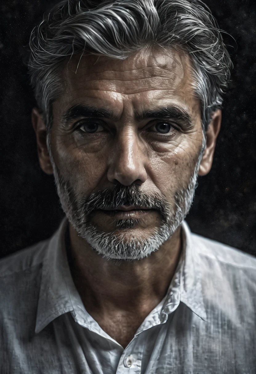 Retrato de Hombre blanco muy serio con fondo obscuro, imagen hiper realista 