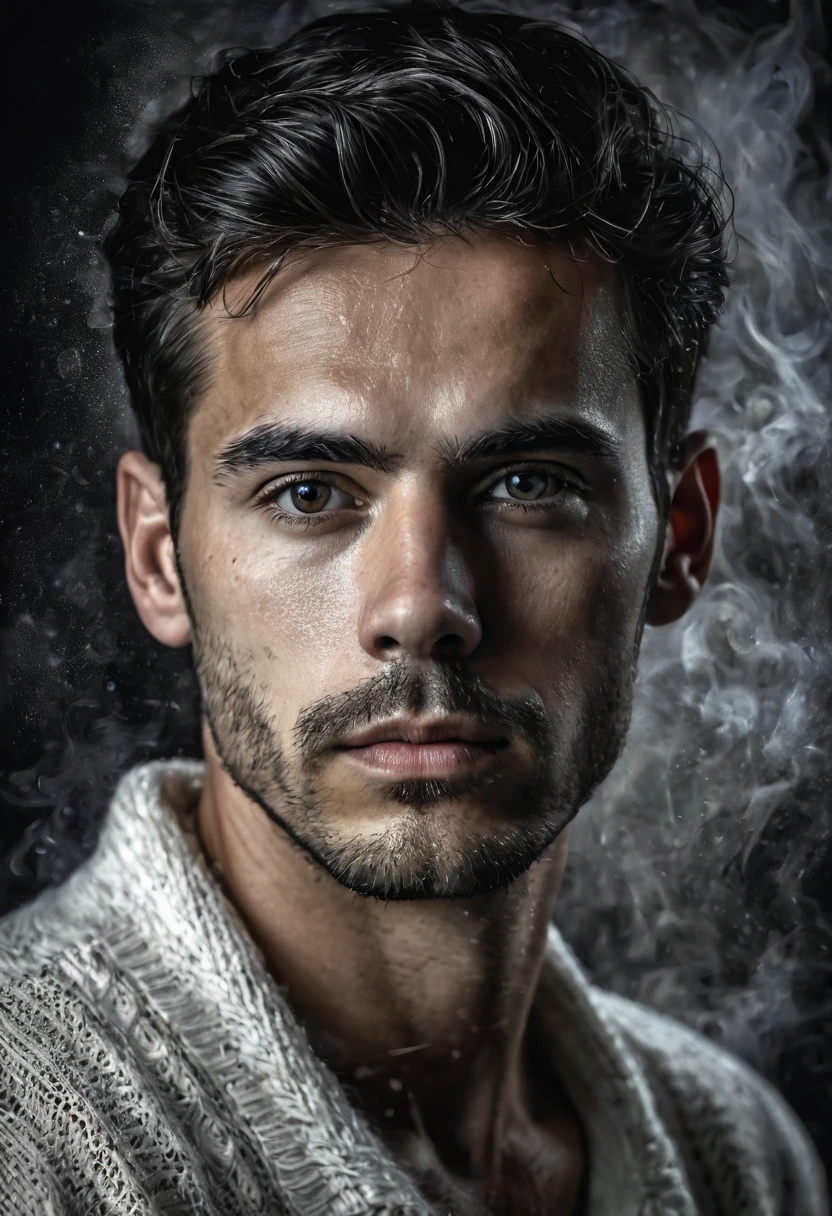 ethereal photo of elegant man, Brazilian nationality, tanned skin, women in the background, Atoms hovering in the air, emerging from swirls of smoke and red and black vapors, Peter Lindbergh style, masterpiece of complex art, foreboding, golden ratio, Trend in CGSeteration, intricate, epic, trending on artgerm's ArtStation, highly detailed and vibrant production cinematic character rendering, very high quality model