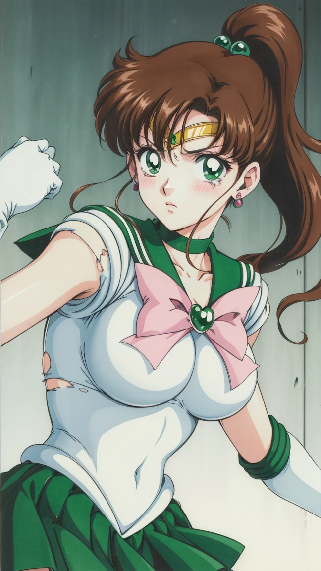 Highest quality, High resolution, 1990s \(style\), retro artstyle, 1990s anime cels style, Sailor Jupiter, Fighting, Sailor Warrior Uniform, Green sailor collar, White gloves, Green pleated skirt, Pink ribbon, ponytail, jewelry, Earrings、(Torn clothes、tits)、Dynamic、廃墟でFighting、Torture scene、Torture chamber、Tortured Woman、tears、blush、sad