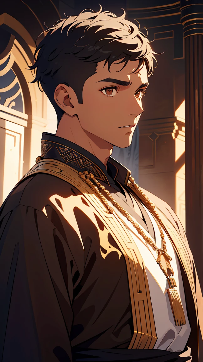 Arabic,man1,(black skin),round face,brown eyes,black hair,(Blad fade haircut),(brown Arabic costume for man),highly detailed CG, unit, 8K wallpapers, highest quality, high resolution, beautiful lighting, realistic shadow,detailed face Highly,detailed eyes Highly,detailed hair Highly
