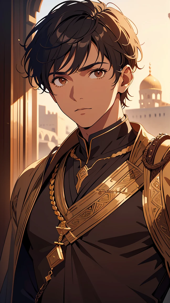 Arabic,man1,(black skin),round face,brown eyes,black hair,(Blad fade haircut),(brown Arabic costume for man),highly detailed CG, unit, 8K wallpapers, highest quality, high resolution, beautiful lighting, realistic shadow,detailed face Highly,detailed eyes Highly,detailed hair Highly