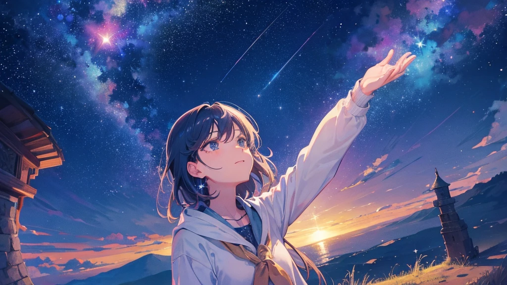 mystical and starry sky with a girl in the background looking up