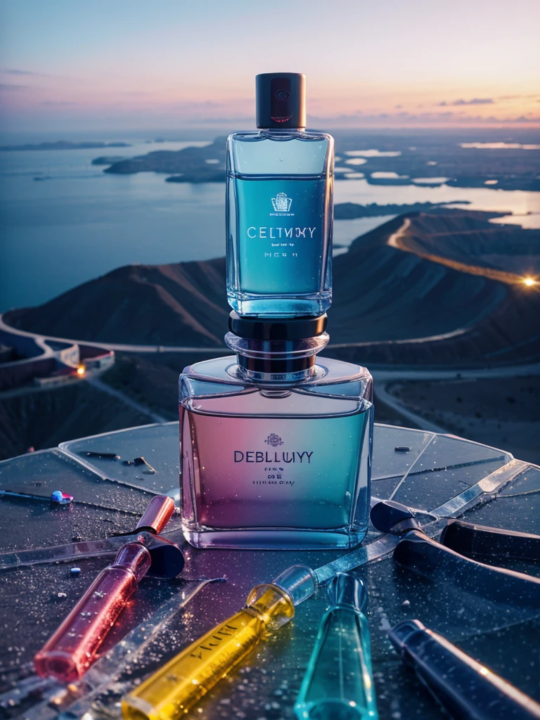 Perfume, flight, colorful city, luxury, bottle, creativity, weightlessness, candy, collection, ice desert,