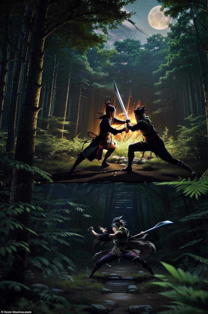 An intense anime fight scene set in a mystical forest clearing, featuring the iconic characters Naruto and Inuyasha. The battle unfolds under the moonlit sky, with Naruto unleashing powerful chakra-infused attacks while Inuyasha wields his legendary Tessaiga sword with ferocity. The surroundings are adorned with ancient trees, shimmering moonlight, and swirling leaves, adding to the dramatic atmosphere. The clash between these two beloved heroes is filled with dynamic movements, energy blasts, and strategic combat maneuvers, capturing the essence of their unique fighting styles and abilities."