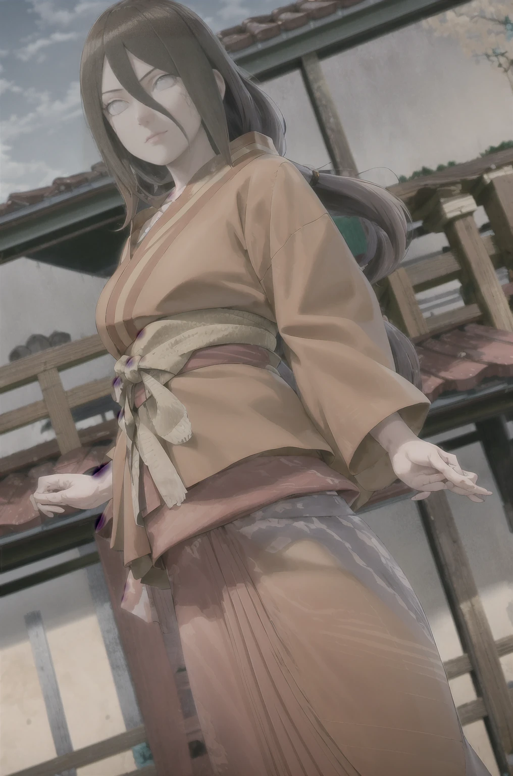 masterpiece, absurdres , (intricate details), (colorful),cinematic lighting,bust shot,extremely detailed CG unity 8k wallpaper ,hyuuga hanabi, 1girl, solo, orange kimono, red hakama skirt, obi, wide sleeves, looking at viewer, closed mouth, wind,fighting stance, low tied long hair, Wearing a dog collar,Naughty tattoos