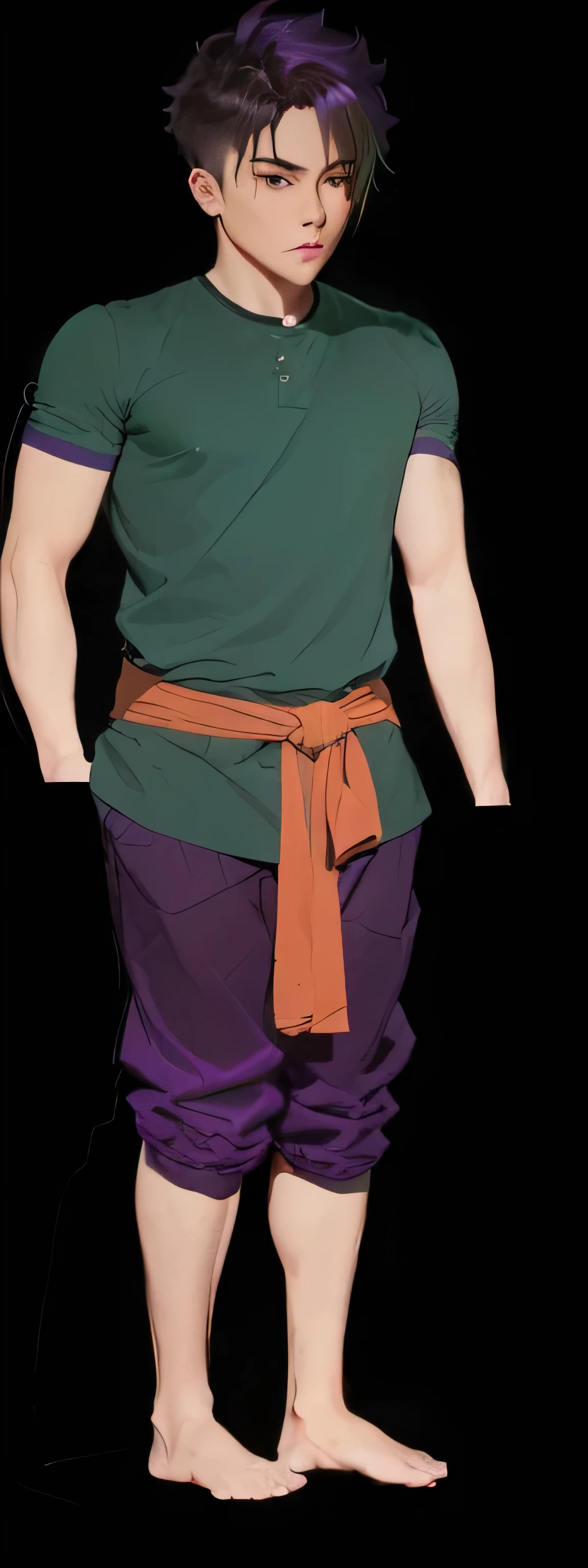 a close up of a person wearing a green shirt and purple pants, full body details, made with anime painter studio, full body close-up shot, 2 d render, full body portrait of a short!, realistically rendered clothing, very detailed and rich clothing, whole body highly detailed, zoomed out full body, waist - shot, full body concept, upper body avatar