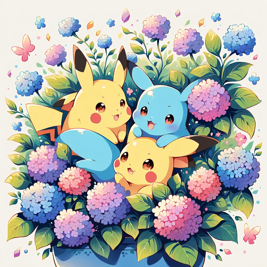 cute illustration of Pikachu playing among hydrangeas. Pikachu should be surrounded by blooming hydrangea flowers in various shades of blue, pink, and purple. Include details like Pikachu smelling a flower or playing with a fallen petal. The scene should be vibrant and cheerful, capturing the beauty of hydrangeas in bloom.