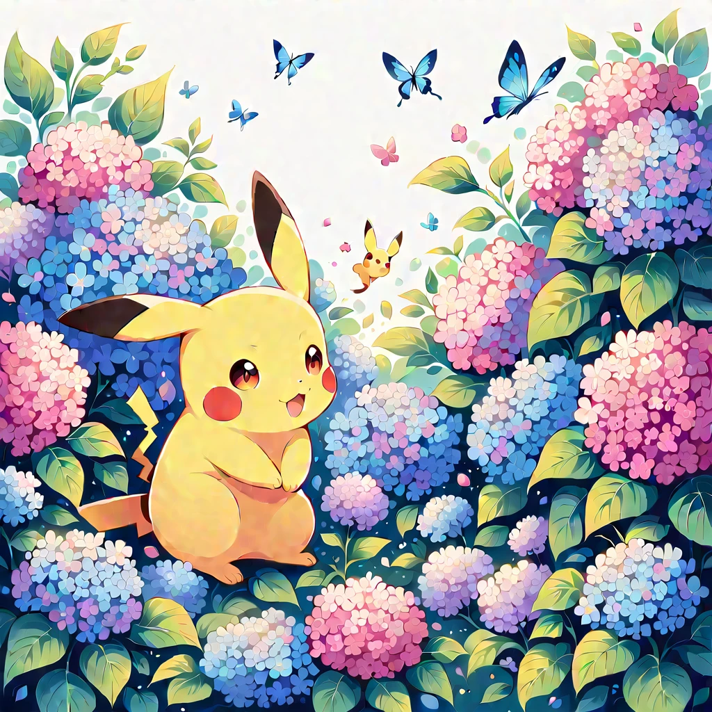 cute illustration of Pikachu playing among hydrangeas. Pikachu should be surrounded by blooming hydrangea flowers in various shades of blue, pink, and purple. Include details like Pikachu smelling a flower or playing with a fallen petal. The scene should be vibrant and cheerful, capturing the beauty of hydrangeas in bloom.
