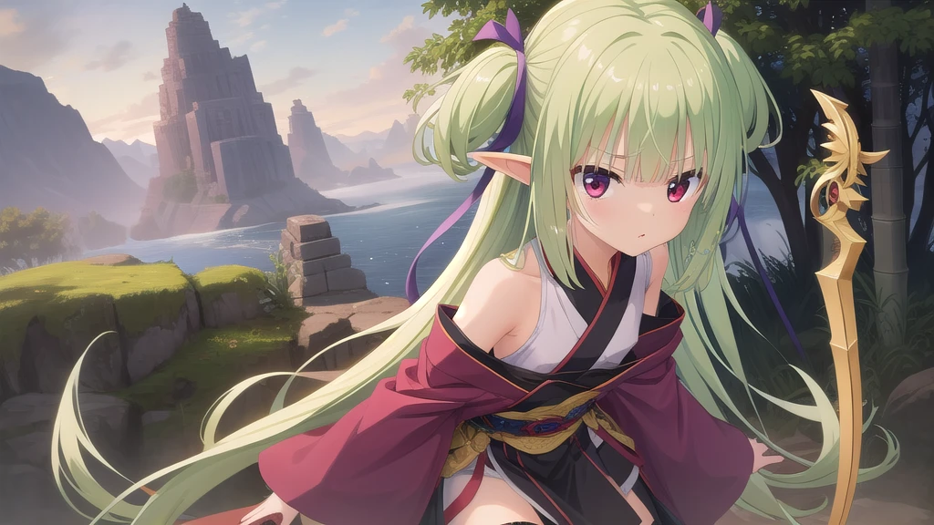 ((masterpiece)),(best quality),Official Art,Extremely detailed CG,Unity 8K wallpaper,Very detailed,Beautiful and delicate eyes,Extremely detailed face,1 girl,solitary,,(whole body:1.5),(small:1.3),,,Murasame,Very long hair,Green Hair,Face Up,Purple bow,hairpin,Side chains,Bangs,Red Eyes,Neck strap,Red belt,，Long-sleeved hanfu，Wearing Hanfu，Martial Saint，Bamboo Forest Sigh，majesty，Breaking through mountains and rivers！The blade trembles thousands of miles away！Enemy！A hundred battles are not lost！Immortal fighting spirit，A thin cloud of justice！The bamboo forests in Shu are lush and green，Martial Saint盘坐其中。EnemyA hundred battles are not lost，Pick up the sword and mount the horse，The elf raised his knife and stepped forward，It seemed as if thousands of cavalry were charging towards us..。桃园结A thin cloud of justice，New moon green dragon blade cold，Legendary skins，To the audience