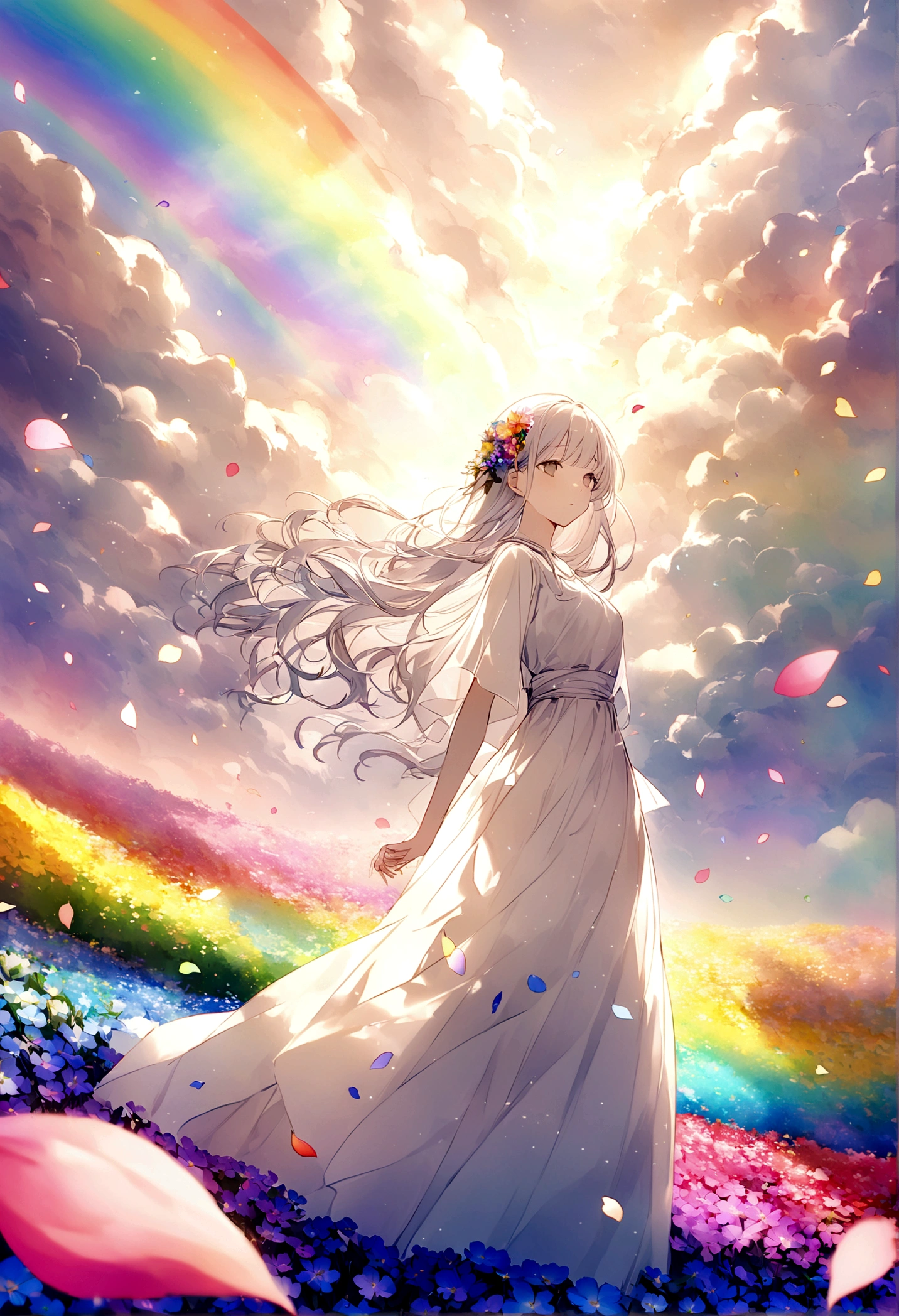 ファイナルファンタジーthe world of, An empty rainbow-colored flower field, Each petal is rainbow colored, Very beautiful scenery, 光the world of, heaven, god々the world of, The most beautiful images, Highest quality, 8k.People are not needed