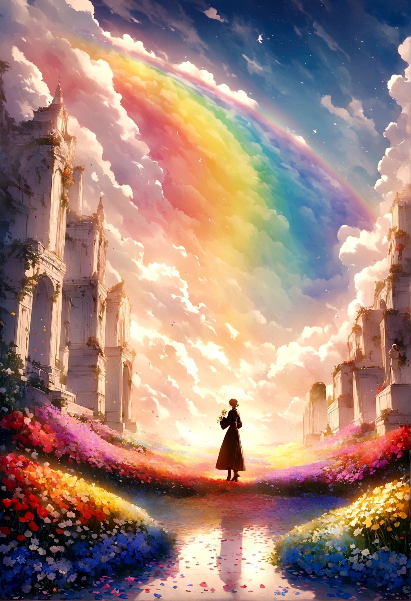 ファイナルファンタジーthe world of, An empty rainbow-colored flower field, Each petal is rainbow colored, Very beautiful scenery, 光the world of, heaven, god々the world of, The most beautiful images, Highest quality, 8k.People are not needed