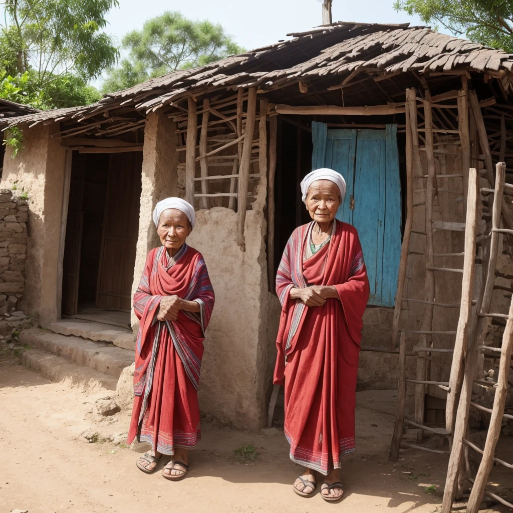 A 80 years old lady live in a poor village wearing old cloth, full body