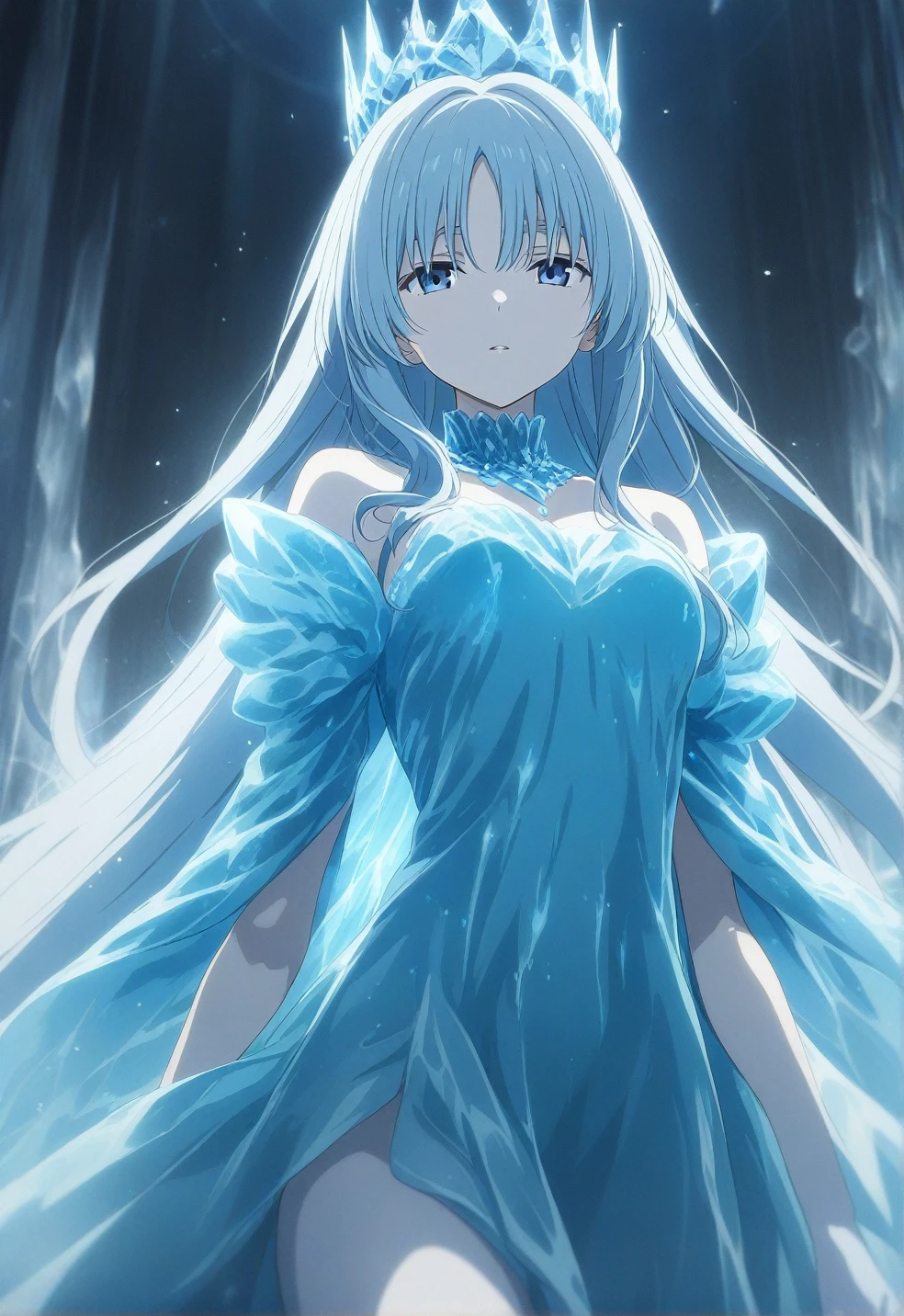 1girl, cowboy shot, pale skin, expressionless, parted lips, ice blue hair, ice blue eyes, long hair, bangs, ice crown, ice gown, looking at viewer, ice aura, adult, anime production, cinematic, masterpiece, best quality, very aesthetic, absurdres, 