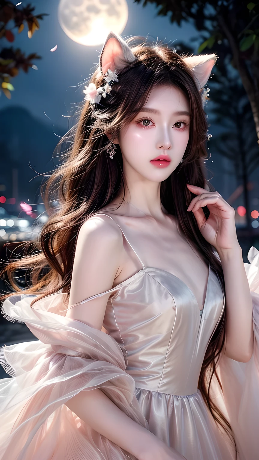 Long flowing brown hair，Fluorescent eyeshadow，Glowing pale eyes，Moon，Demon-free，Plush ears，moonlight，Flowing tulle，Best picture quality，Transparent flowers，Gradient petals，Flower hairpin，Noodles