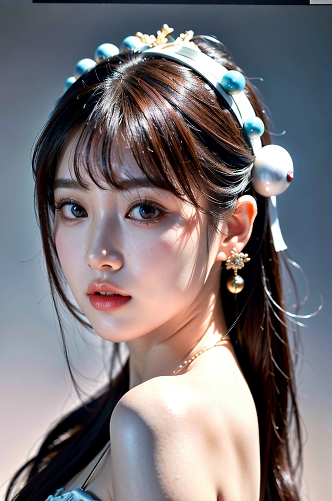 (Best quality,4K,8K,High-resolution,Masterpiece:1.2), Ultra-detailed,(Realistic,Photorealistic,Photo-realistic:1.4) Korean girl Black long hear, (hear ornament),beautiful spectral light, white back ground, Korean idol fashion, Beautiful girl, look at the viewer