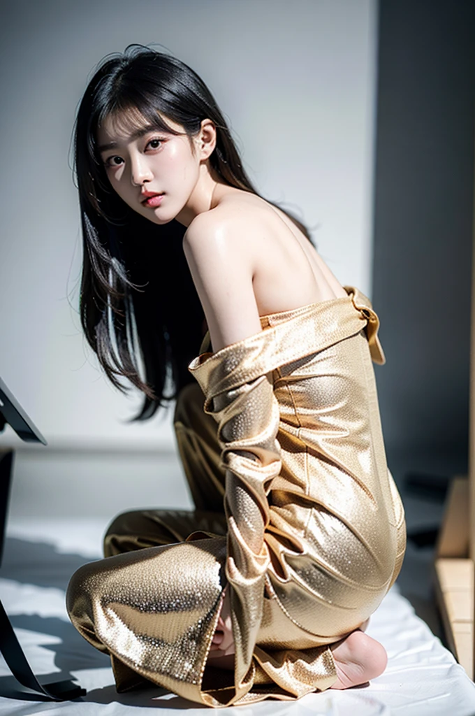 (Best quality,4K,8K,High-resolution,Masterpiece:1.2), Ultra-detailed,(Realistic,Photorealistic,Photo-realistic:1.4) Korean girl Black long hear, (hear ornament),beautiful spectral light, white back ground, Korean idol fashion, Beautiful girl, look at the viewer