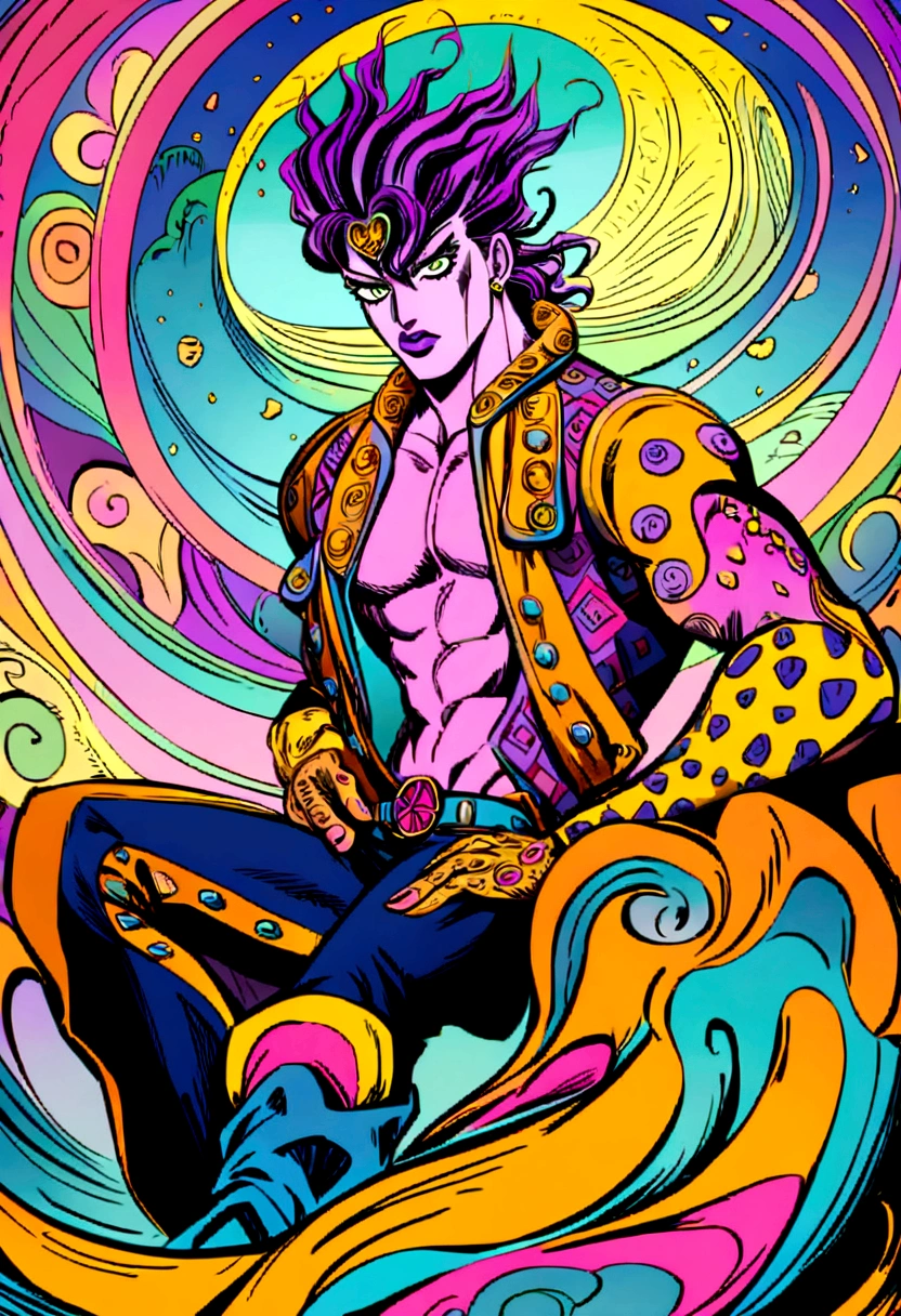 Create an illustration of a character in the style of JoJo's Bizarre Adventure. The character should have a striking, muscular physique with sharp, angular facial features and intense, expressive eyes. They wear a flamboyant, intricately designed outfit with bold patterns and vibrant colors, similar to the character in the reference image. The hair is styled dramatically, adding to the fierce and stylish appearance. The pose should be dynamic and confident, capturing the dramatic essence of JoJo's Bizarre Adventure. Include a surreal and vibrant background with dynamic lines and contrasting colors, emphasizing the intense and extraordinary atmosphere typical of the series. The overall scene should exude action, adventure, and the unique, iconic flair of JoJo's universe.