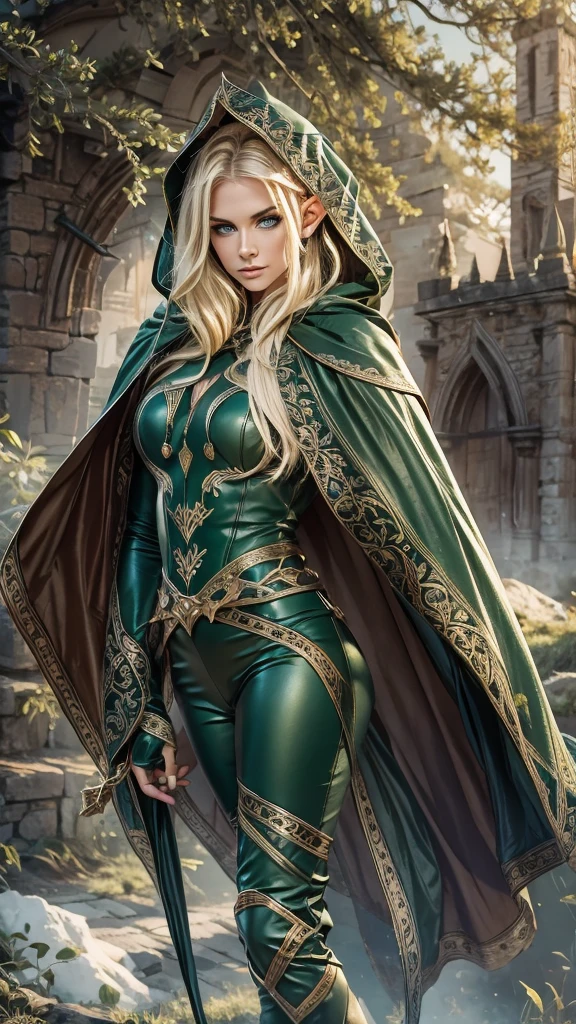 medieval setting, full view of body, (detailed elf ear, 1 woman, elven featured face, beautiful green eyes, blonde hair), leather armor, black leather pants, leather hooded cape, 