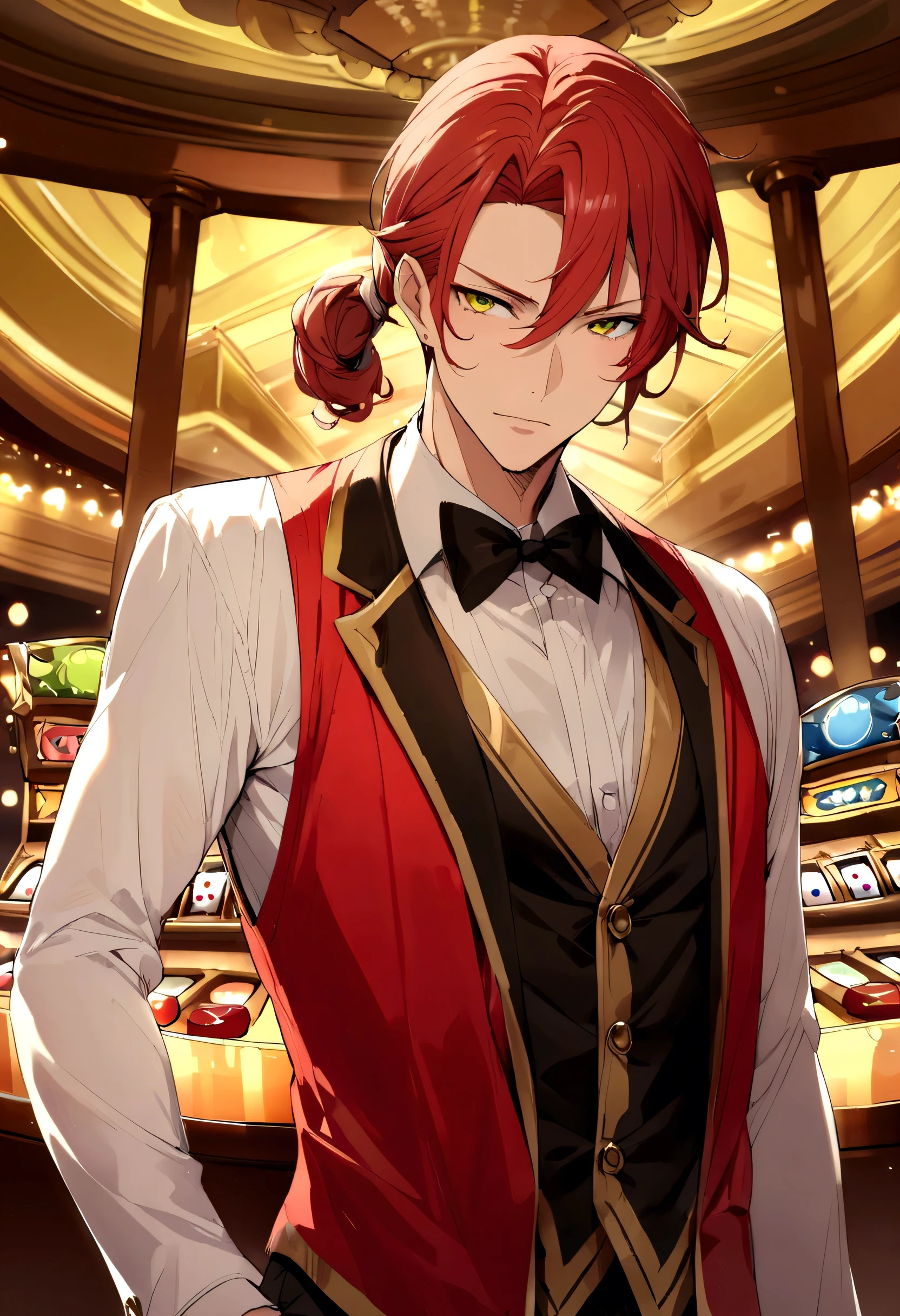 Sharpness、yellow-green eyes、Red hair、One knot、Loosely tied、Casino Costumes、Casino Background、Adult male、