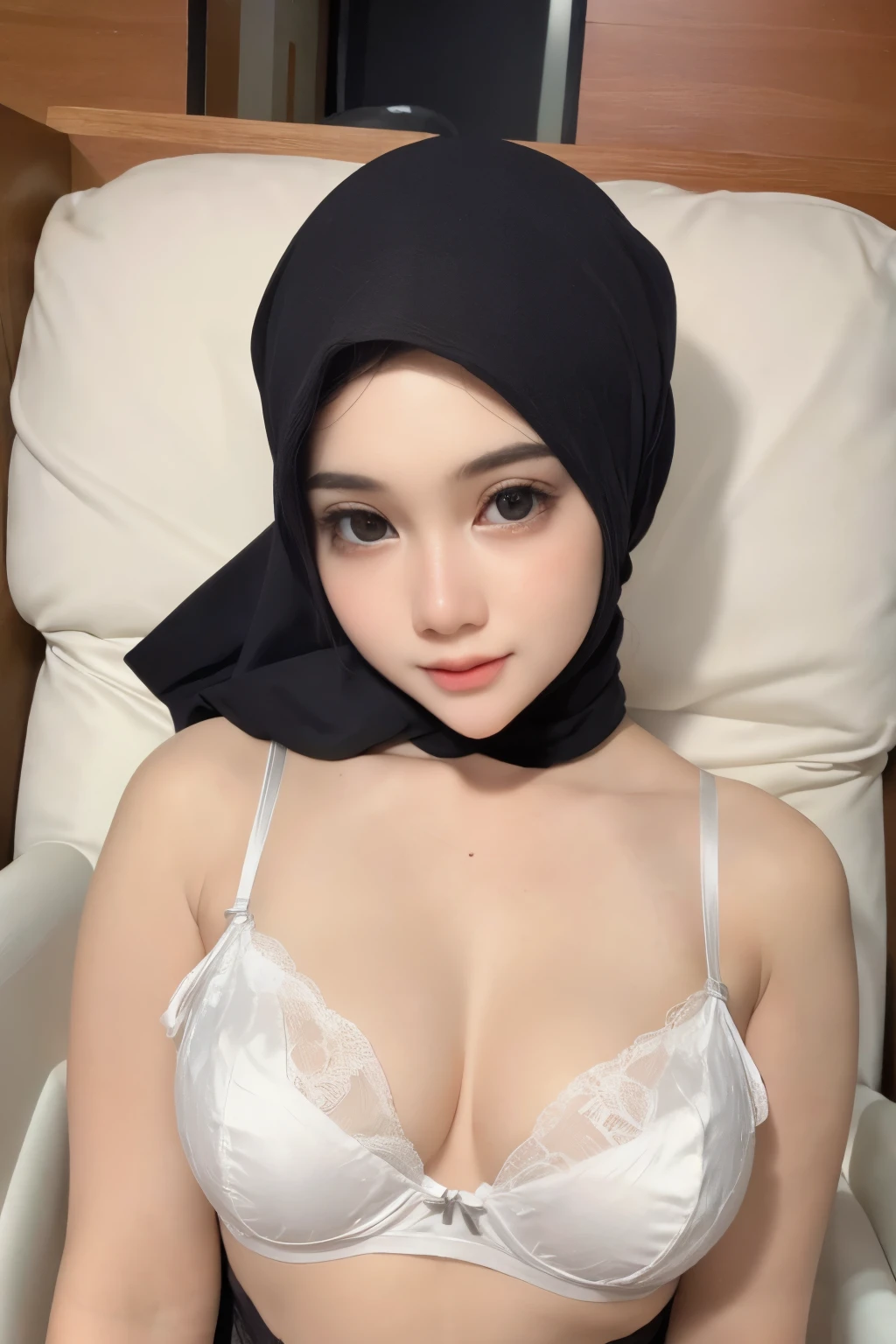 ((Full Big Black Eyes)), (((SLEEPING BEAUTY))), ((ULTRA FULL HD DETAILED)), ((DETAILED FACE SKIN)), Sexy Lingerie ((SLEEPING BEAUTY)), ((EYES WIDE )), ((OPEN BIG HUGE EYES)), Very Thin body ((Wearing Bra Lingerie)), (((WHITE BERRY COLOR HIJAB)), masutepiece, High quality, UHD 32K, Realistic face, Realistic skin feeling , A Malay Lady, . ((Face cute like a baby)), HUGE BREASTS