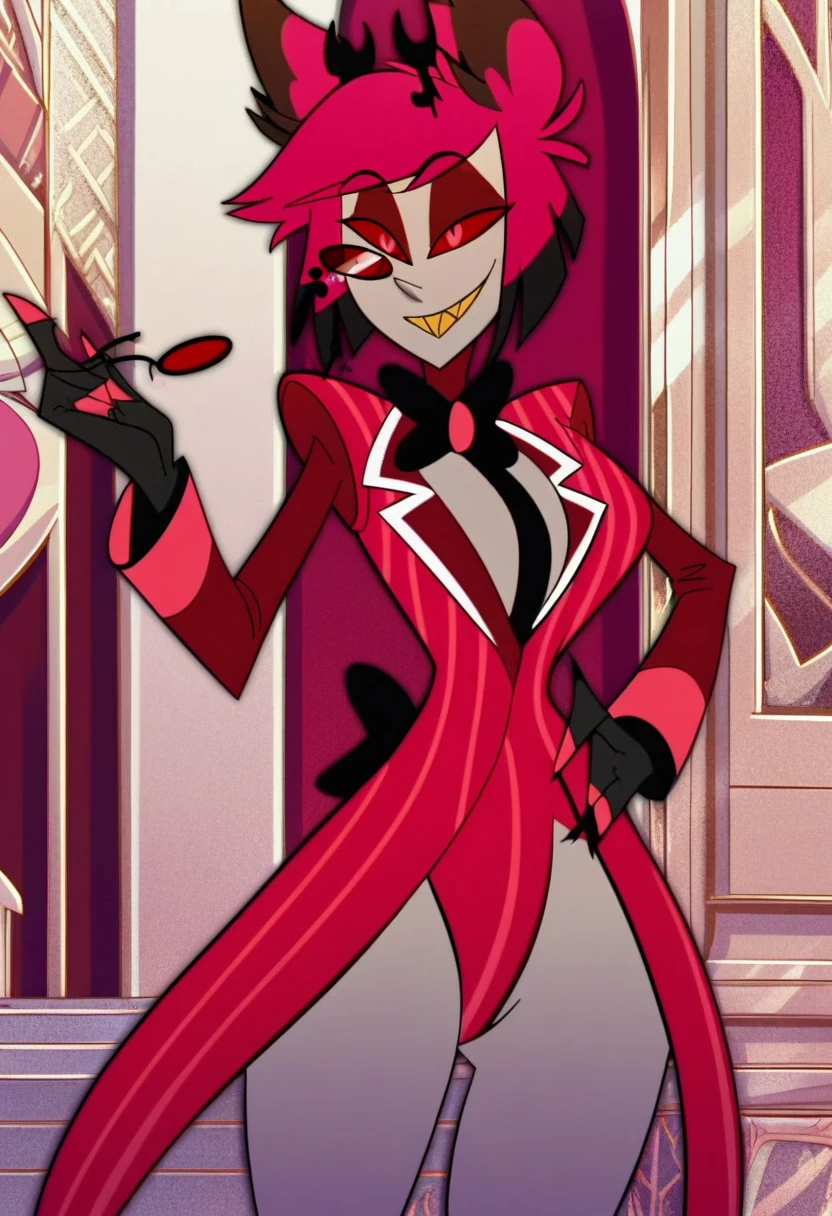 alastor, solo, 1girl, standing, huge breasts, grey skin, red suit, monocle, BREAK score_9, score_8_up, score_7_up, score_6_up, screencap