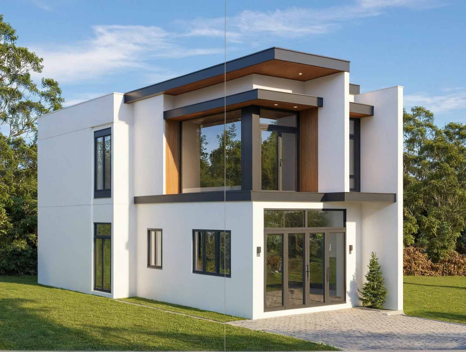 Photo brute,chef-d'artwork, High quality, best quality, authentique, great detail,
Outside, en plein air, style de maison moderne dans la rue, glass windows, grille, plafond en bois,
route,pavement, des arbres, ciel, nuage, (day light:1.1)