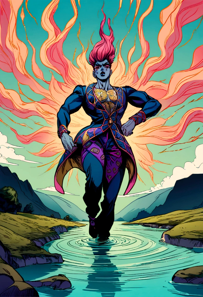 Create an illustration of a character in the style of JoJo's Bizarre Adventure. The character should have a striking, muscular physique with sharp, angular facial features and intense, expressive eyes. They wear a flamboyant, intricately designed outfit with bold patterns and vibrant colors, similar to the character in the reference image. The hair is styled dramatically, adding to the fierce and stylish appearance. The pose should be dynamic and confident, capturing the dramatic essence of JoJo's Bizarre Adventure. Include a surreal and vibrant background with dynamic lines and contrasting colors, emphasizing the intense and extraordinary atmosphere typical of the series. The overall scene should exude action, adventure, and the unique, iconic flair of JoJo's universe. A serene riverside scene with an elderly woman doing laundry by the water. She spots a giant peach floating downstream, her expression a mix of surprise and curiosity. The surrounding landscape is lush and green, with a gentle flow of water reflecting the bright sky.