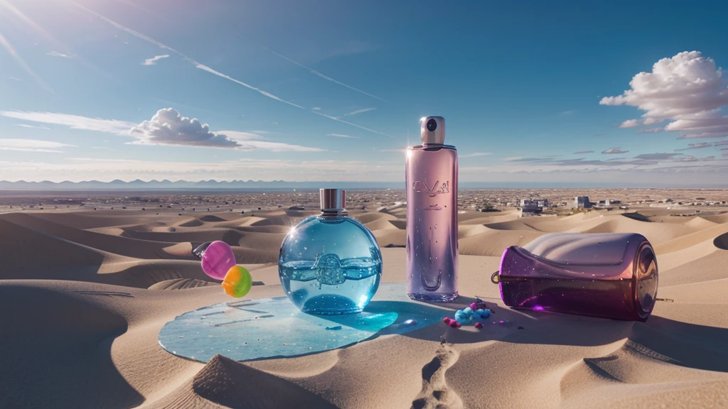 Perfume, flight, candy cloud, colorful city, luxury, bottle, creativity, weightlessness, candy, collection, ice desert, 